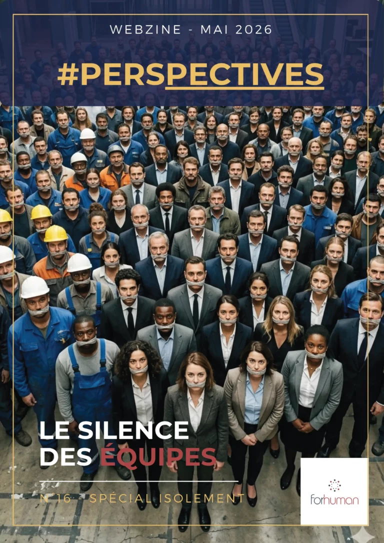 Couverture du webzine Forhuman #Perspectives N°16 — Mai 2026, Spécial Isolement. Foule de salariés aux bouches bâillonnées, titre Le silence des équipes.