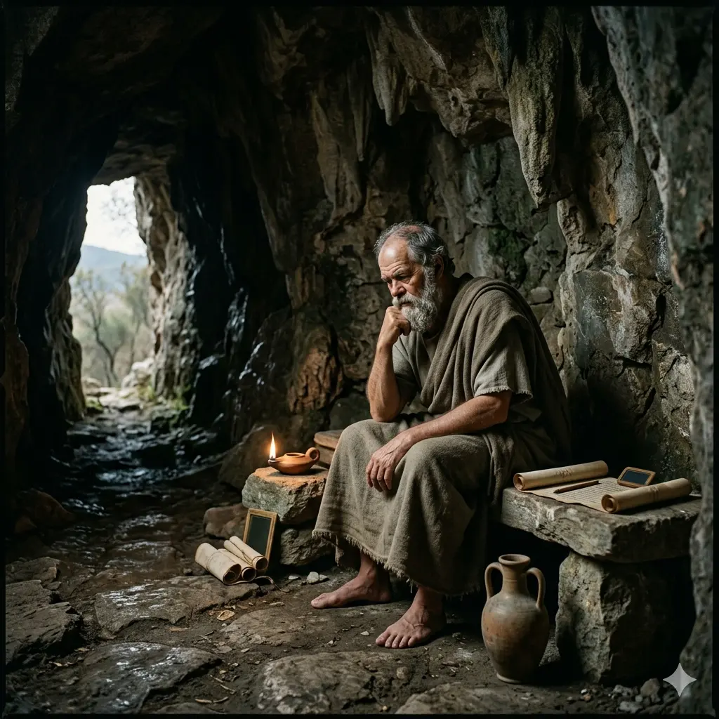 Philosophe antique seul dans une grotte, entouré de parchemins et d'une lampe à huile, pensif face à l'ouverture sur la nature