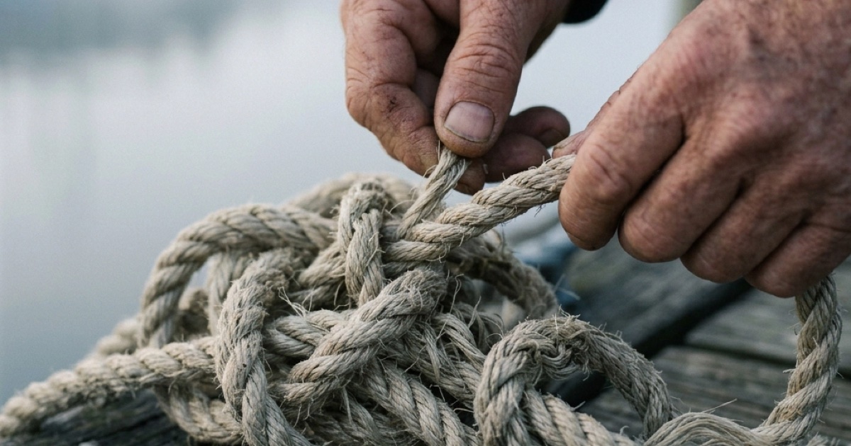 Deux mains âgées défont un gros cordage emmêlé posé sur un ponton en bois, dans la brume du matin