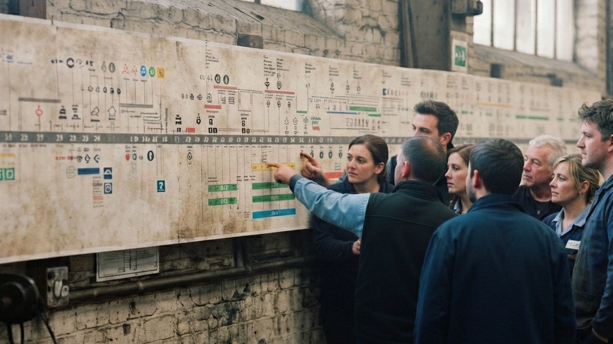 Salariés d’un atelier réunis devant une longue frise chronologique accrochée au mur, l’un d’eux en désigne une étape
