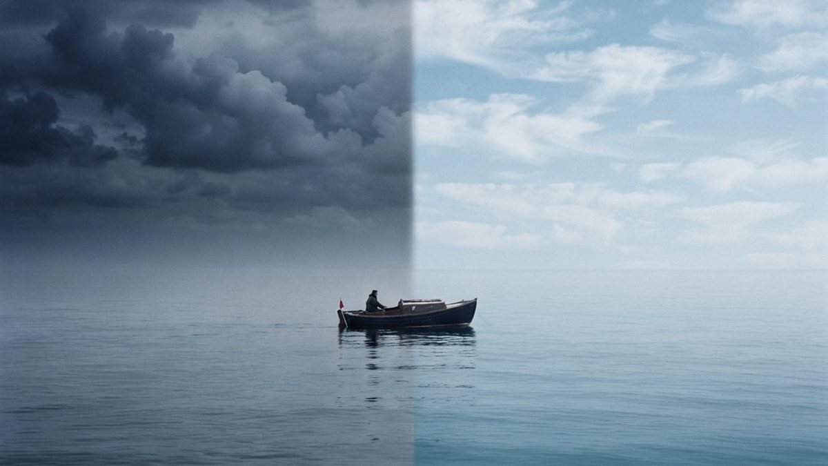 Petit bateau sur une mer calme, à la limite entre un ciel d’orage sombre à gauche et un ciel bleu dégagé à droite